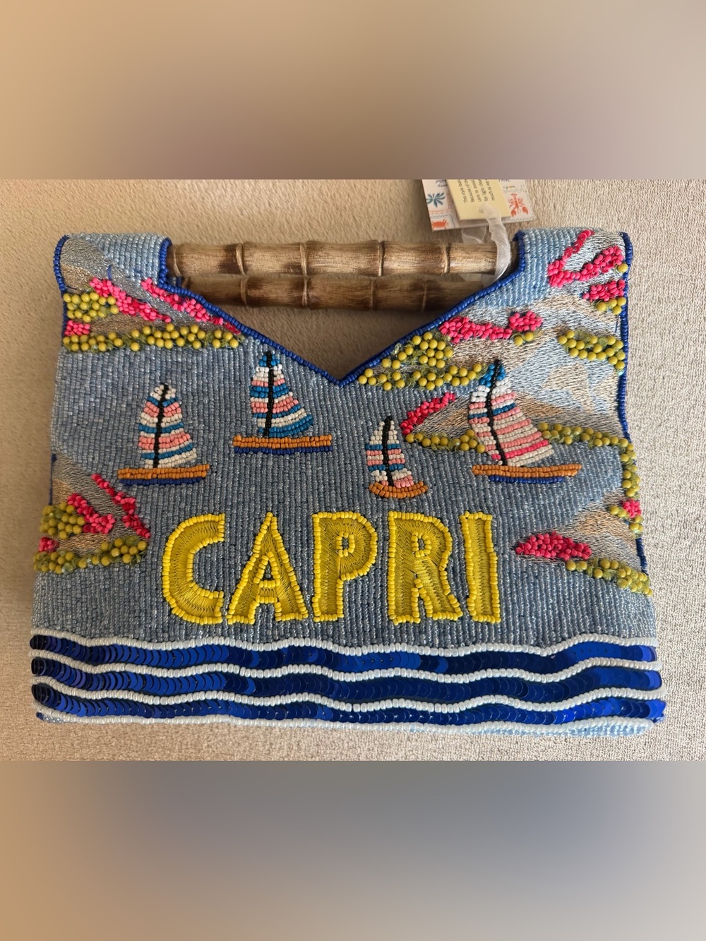 Capri Embroidered Beaded Handbag with Nautical Sailboats and Bamboo Handles